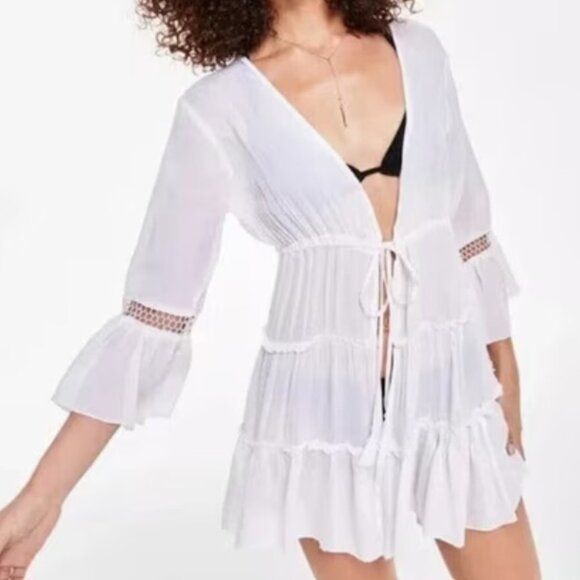 Raviya Plus Size Tie-Dyed Bell-Sleeve Cover-Up White 1X New - Picture 2 of 6